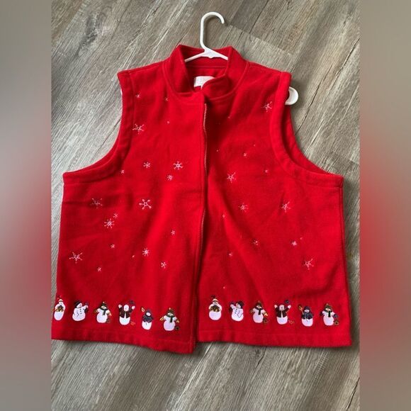 VTG Snowman Snowflake Vest Jacket Winter Vest Warm Embroidered Red White 2X - Picture 6 of 13